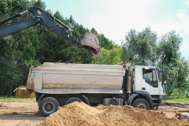 excavator loading truck with sand