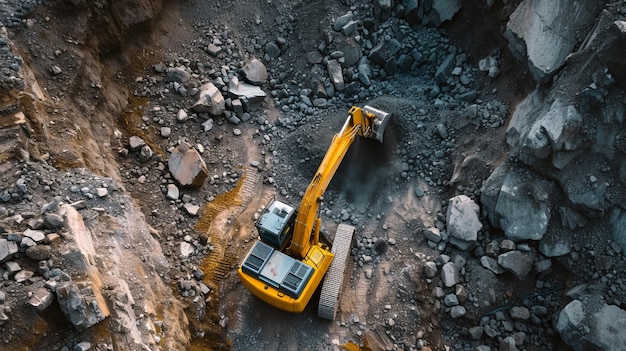 Excavator loads the ground in a stone quarry