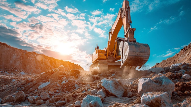 Excavator loads the ground in a stone quarry