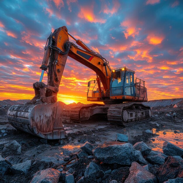 Photo excavator in open pit mining excavator on earthmoving on sunset loader on excavation earthmoving heavy equipment