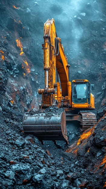 Photo excavator orage digs a pit and unloads the truck