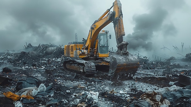 Photo excavator on pile of rubbish like a mountain dredging up rubbish