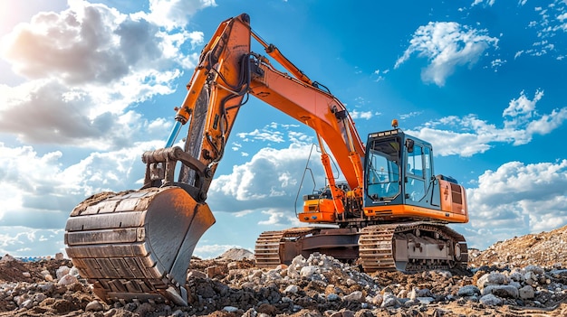 Excavator and Wheel loader are digging the soil in the construction site on the blue sky background