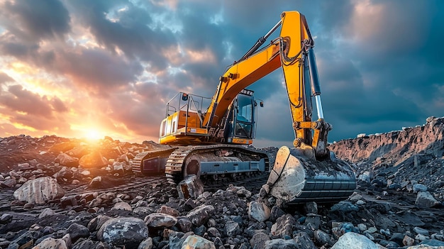 Excavator and Wheel loader are digging the soil in the construction site on the blue sky background