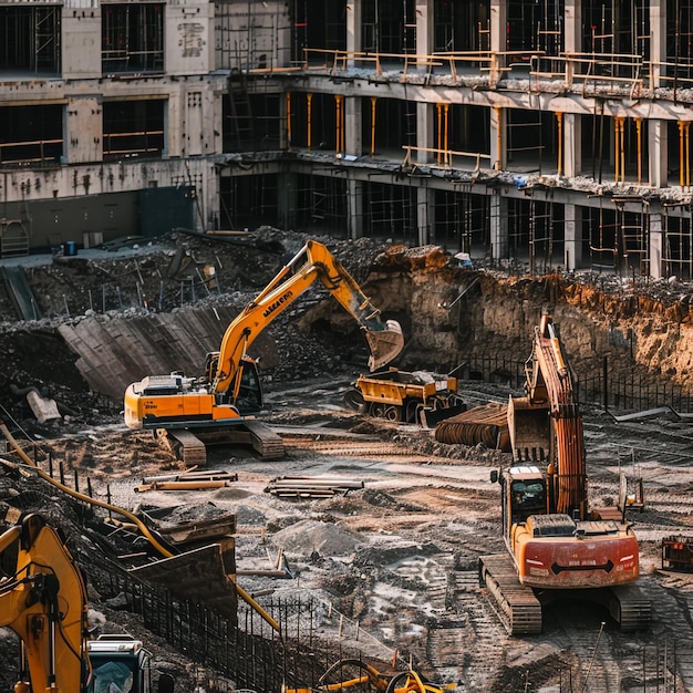 Photo excavator with crusher bucket for crushing concrete construction waste recycling for construction mix sifting and grinding bucket for the separation of concrete into fractions of higher quality