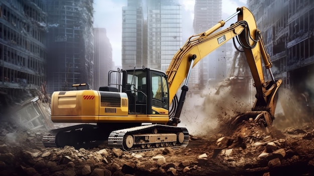 excavator at work in the site destroying the building