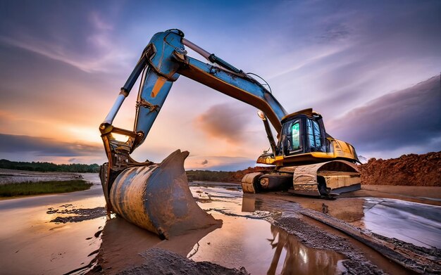 Photo excavator working on dirt terrain