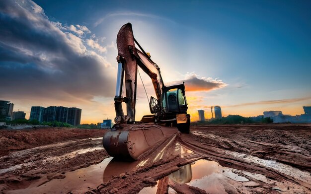 Photo excavator working on dirt terrain