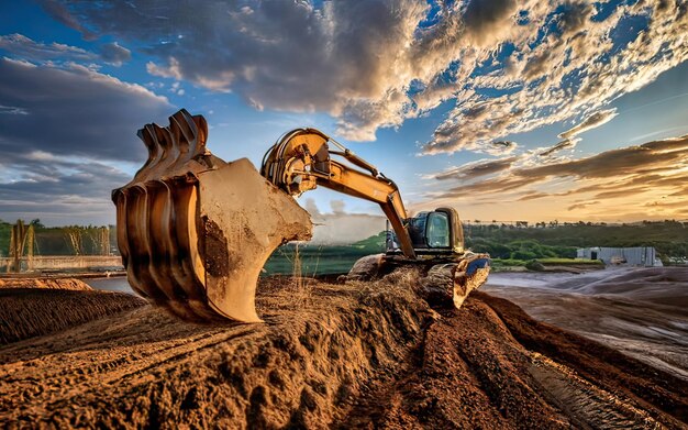 Photo excavator working on dirt terrain