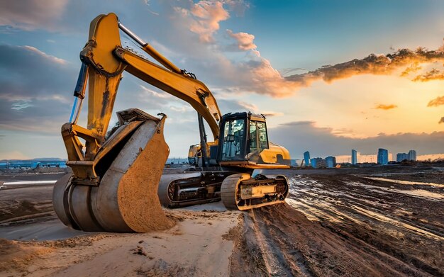 Photo excavator working on dirt terrain