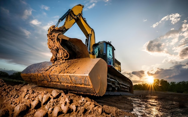 Photo excavator working on dirt terrain