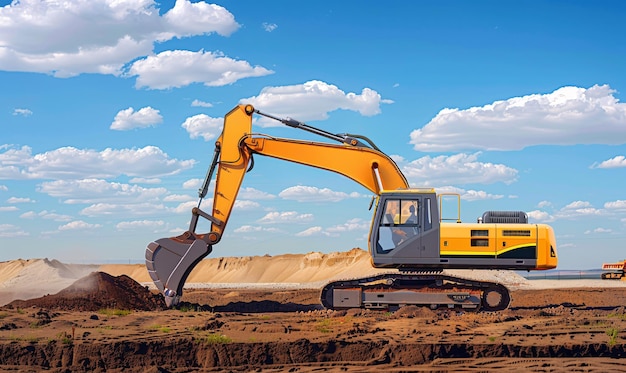 Excavator in the working process digs the ground digger Works on gravel mining career