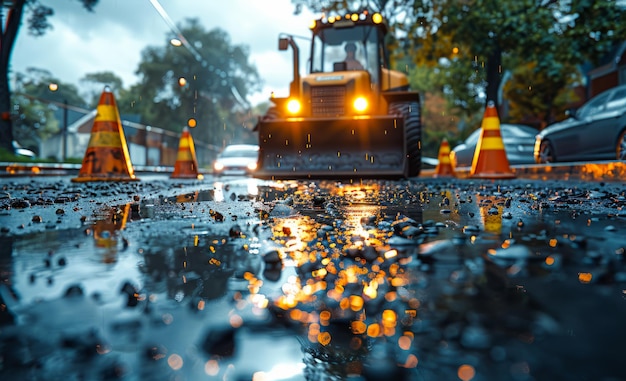 Photo excavator working on the waterlogged road workers working on the street