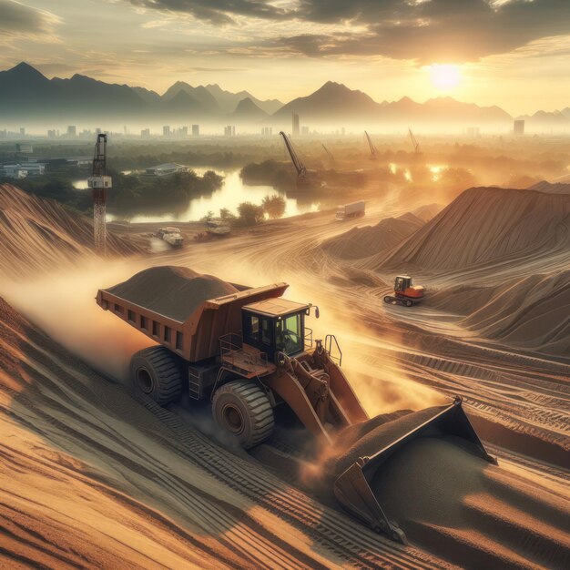 Photo excavator working with earth and sand on a construction site