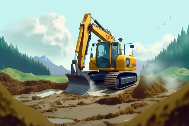 Excavator works in the highlands Makes a trench for communications water and electri Generative AI