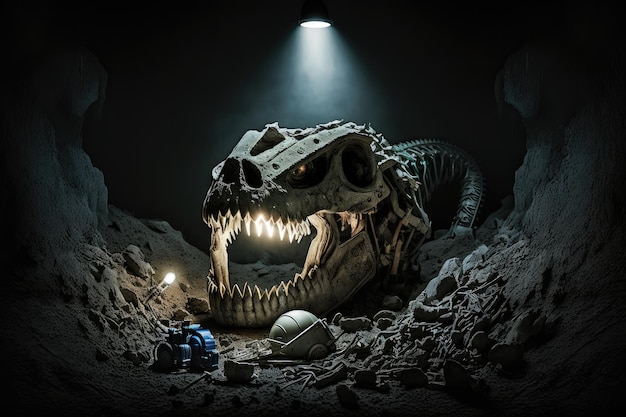 Excavators headlamp illuminating dinosaur bones in dark cave