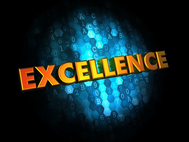 Excellence Concept - gouden kleurentekst op donkerblauwe digitale achtergrond.