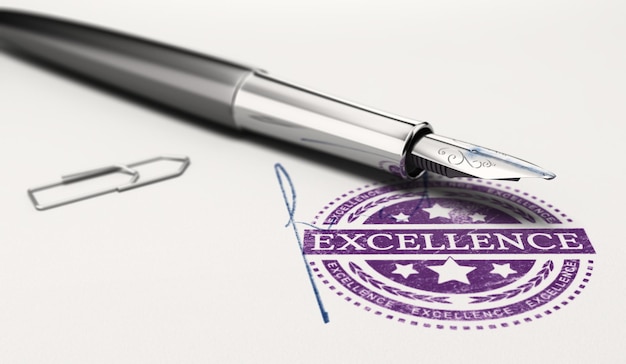 Excellence mark imprinted on a paper texture with signature and fountain pen. Concept image of personnal success and excellent business service. 3D illustration.