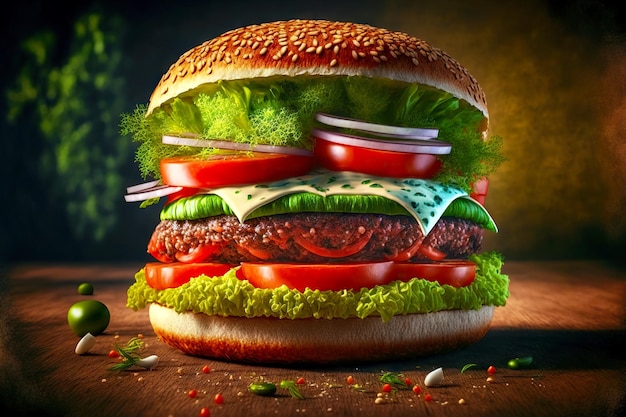 Excellent burger for fast food with slices of cucumbers and tomatoes on beef cutlet