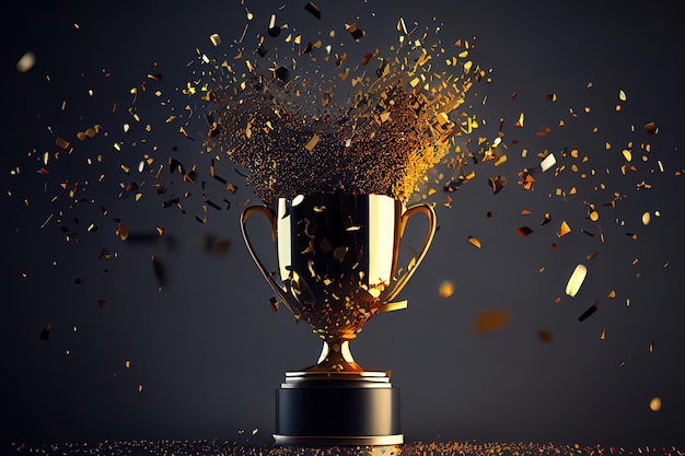 Excellent close up golden trophy award with falling confetti copy space for text 3d rendering