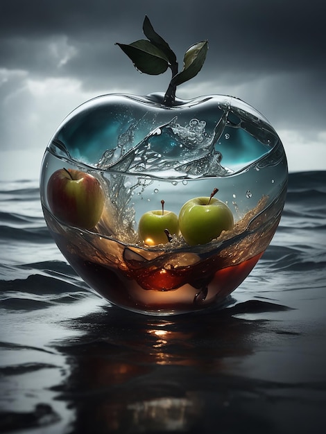 Excellent double image by blending together a stormy sea and a glass apple