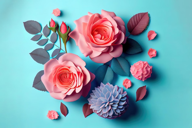 Excellent Flowers composition Rose flowers on blue background Valentines day mothers day womens day concept Generative Ai