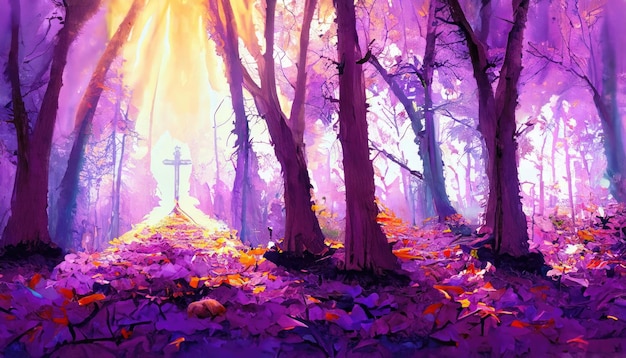 Excellent in forest with the light of god for hope in life everlasting life art painting