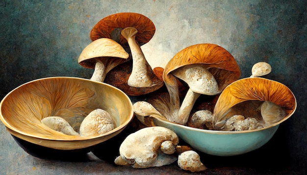 Фото Отличные свежие грибы в миске generative ai