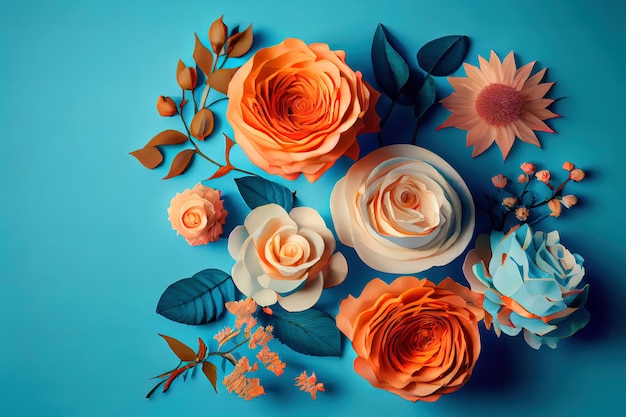 Exceptional Flowers composition Rose flowers on blue background Valentines day mothers day womens day concept Generative Ai