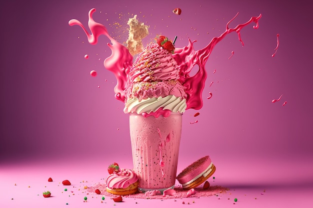 Excessieve milkshake Freakshake aardbei freakshake in roze met lekkernijen De foto staat alleen selectieve aandacht