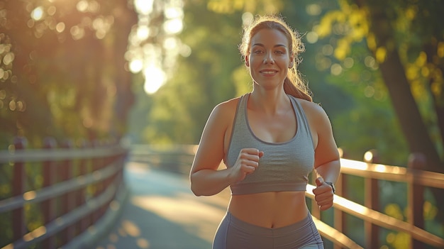 Excessively happy and smiling a massive plump overweight and chubby young woman working out outside while wearing sports bra and exercise pants
