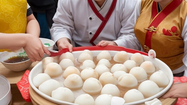 exchange tangyuan sweet rice dumplings as a symbol of togetherness during Dongzhi Festival