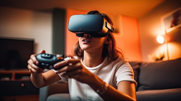 Excite woman playing online game with VR glasses and controllers at home Generative AI