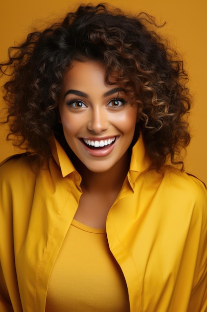 흥분한 아프리카계 미국인 여성 모델이 노란색 배경에서 행복하게 미소 짓고 있습니다.