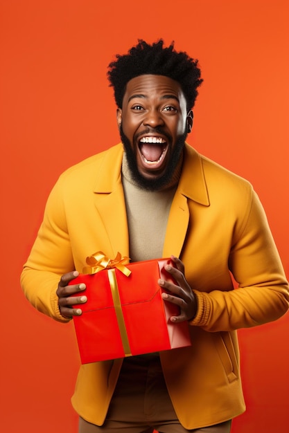 Excited african american man opening a present on red studio background