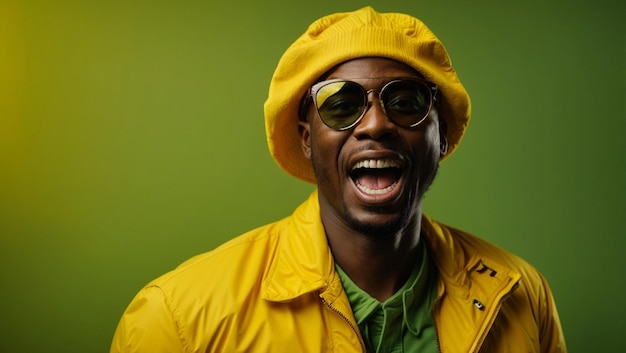 excited African American man in yellow jacket sunglasses and yellow hat screaming