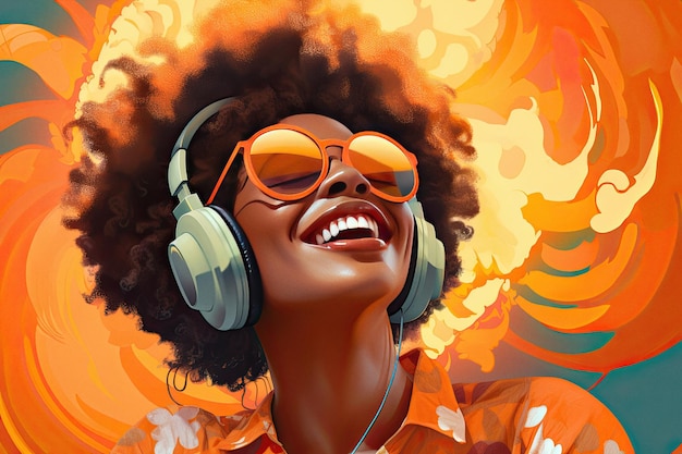 Excited afro girl is listening music with headphones