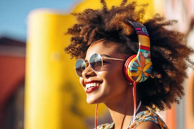 Excited afro girl is listening music with headphones