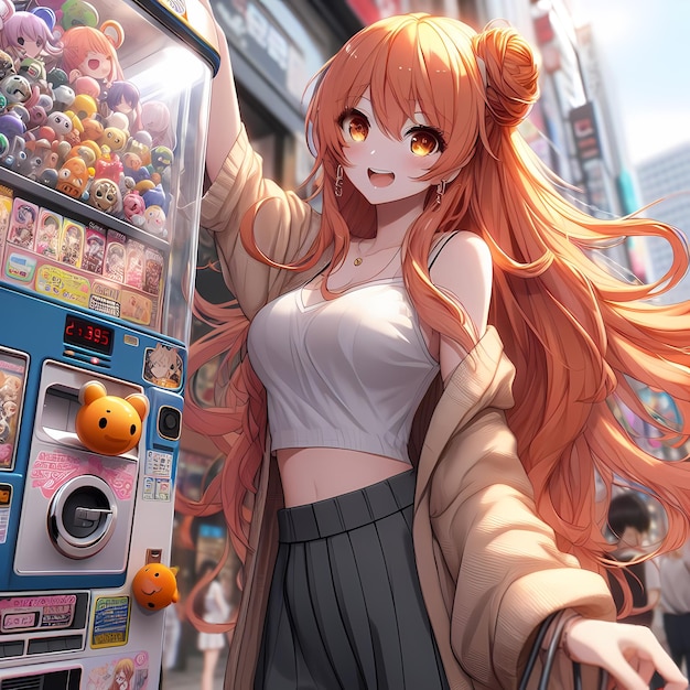 Excited Anime Girl at Gachapon Machine in Akihabara