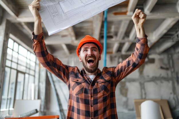 Photo excited architect celebrates success with raised hands and project plan