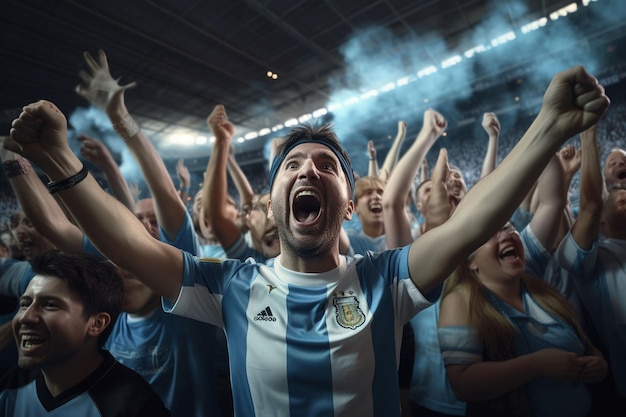 Photo excited argentina football fans cheering for their team during a game at stadium ai generated