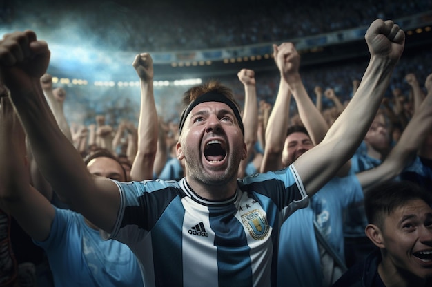 Photo excited argentina football fans cheering for their team during a game at stadium ai generated