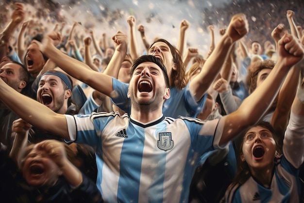 Photo excited argentina football fans cheering for their team during a game at stadium ai generated