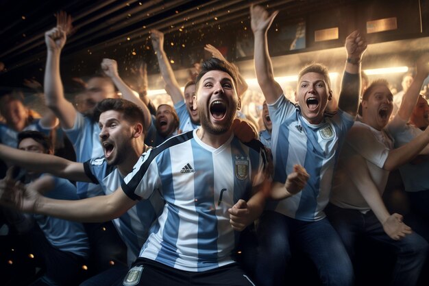Excited Argentina football fans cheering for their team during a game at stadium ai generated