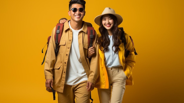 Возбужденная азиатская пара-туристка, одетая в летнюю одежду, отправляется в отпуск