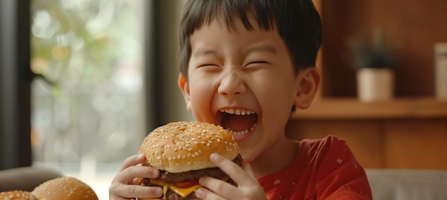 Фото Возбужденный азиатский мальчик наслаждается вкусным огромным бургером дома.