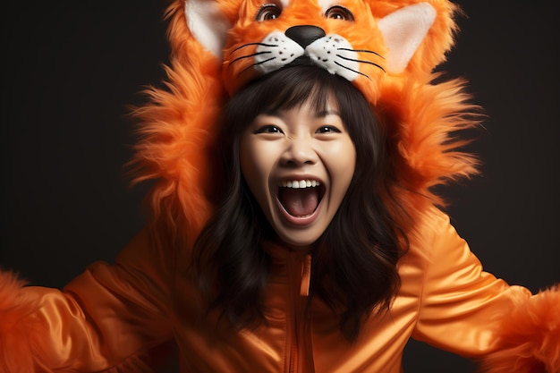 Возбужденная азиатка в костюме тигра смеется над камерой, изолированной на оранжевом.