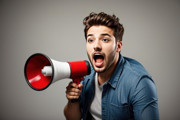 Photo excited attractive man shouting into megaphone proportionate body