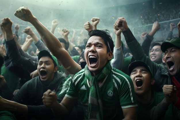 Photo excited bangladesh football fans cheering for their team during a game at stadium ai generated