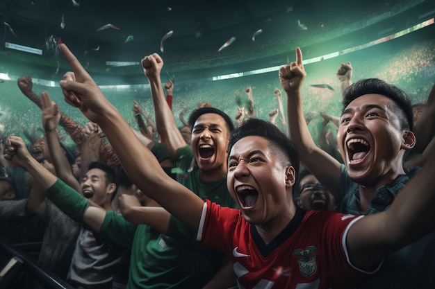 흥분 된 방글라데시 축구 팬 들 이 경기장 에서 경기 도중 팀 을 응원 하고 있다